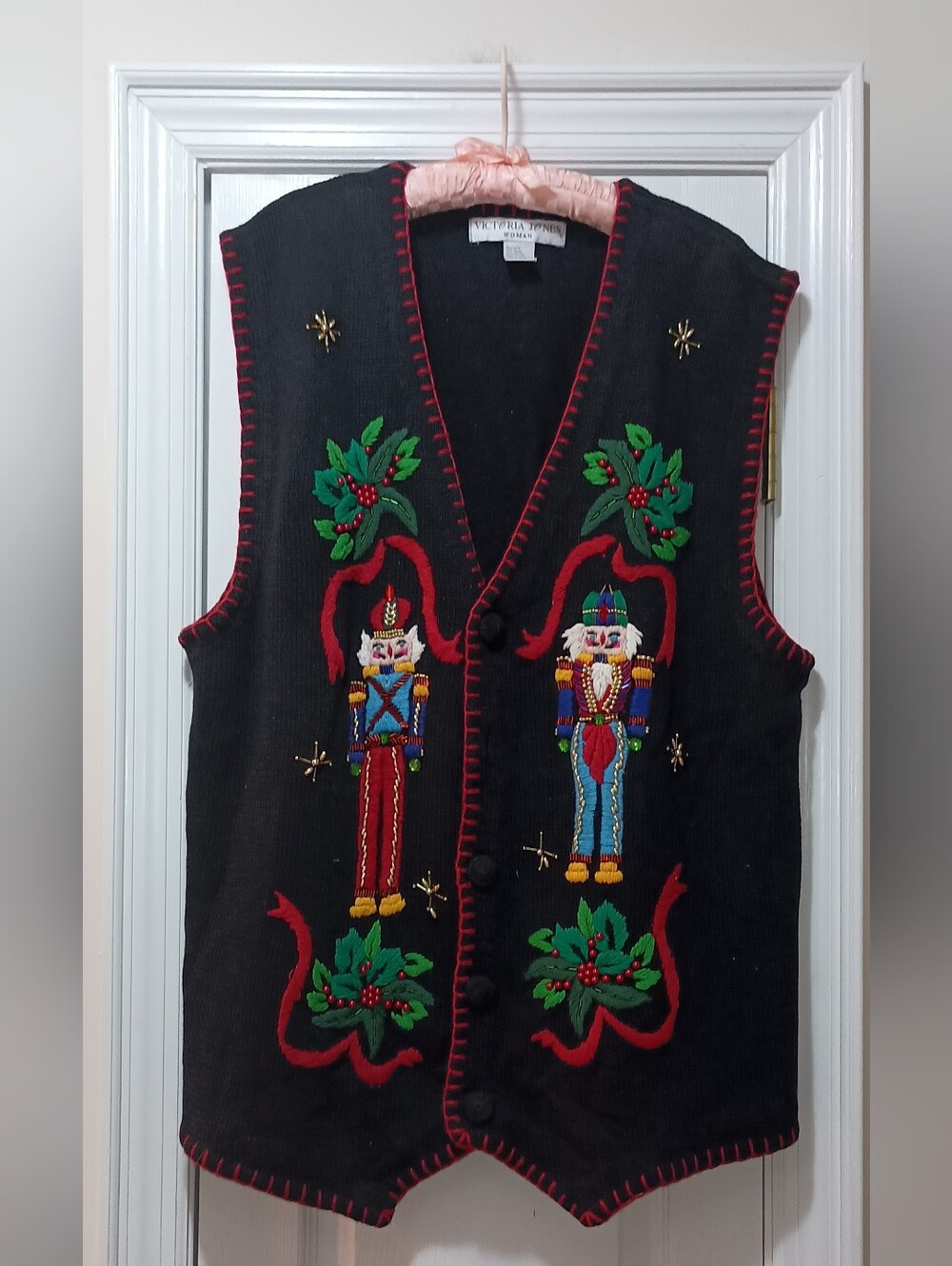 Vintage Victoria Jones Black Nutcracker Embroidered Holiday Sweater Vest 2X